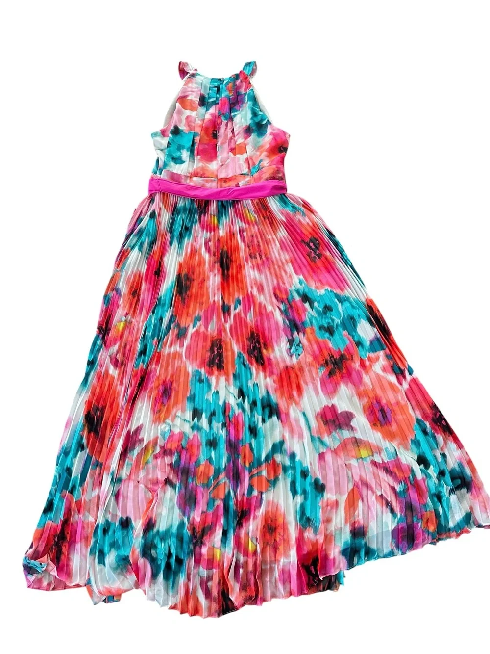 Eliza J Watercolor Floral Pleated Maxi Dress Pink Sash Halter 16W Plus - Picture 12 of 16